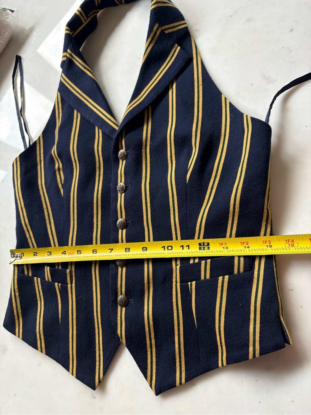 Ralph Lauren Rugby Vintage Halter Vest Top Navy Gold Stripe Tuxedo Belt Wool 90s - Picture 6 of 7